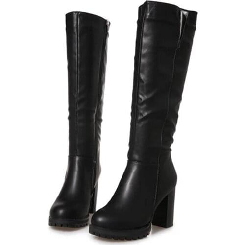 Women Black Boots Winter Fashion New Style Comfortable Round Toe Square Heel Popular Shoes Women Mid-Calf Riding Boots