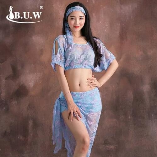 BUW Girls belly dance clothes set Women belly dancing clothes short sleeves top& skirt&headscarf 3pcs belly dance suits 8591