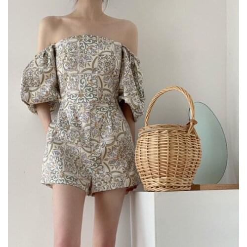 Print Jumpsuit Women Summer 2021New Strapless Square Neck Puff Sleeve Shorts Jumpsuit Elegant Wide-Leg Pants Club Party Clothing