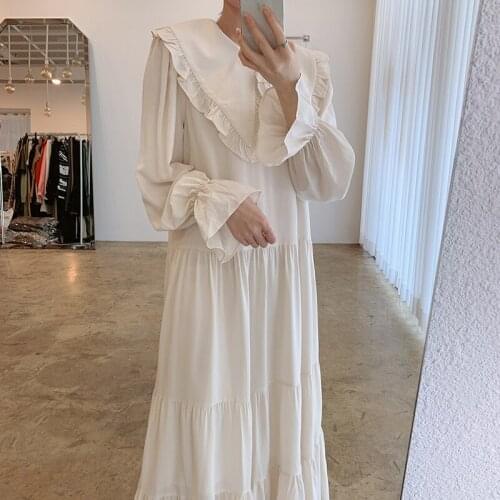 2021 spring new peter pan collar cascading ruffles termperament long dress solid formal seaside robe all-match spring stylish