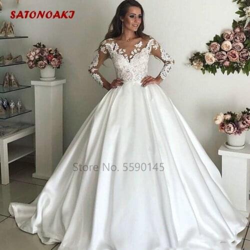 2020 Simple Satin Wedding Dress Scoop Long Sleeves Court Train Lace Appliques Vestidos De Noiva Robe Mariage Undefined Online