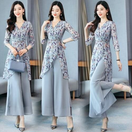 2020 Summer Women two piece suits sleeveless tops shirt and wide leg pants trousers patchwork 2 piece chiffon set