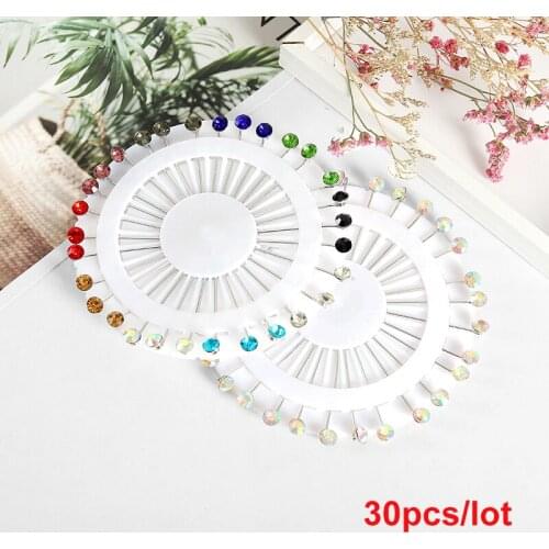 30 pcs/lot Crystal Clip Scarf Pin Sewing Snag For Wedding Hat Accessories Lady Muslim Shawl Women Jewelry Wholesale