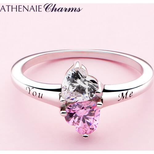 ATHENAIE Hearts Rings 925 Sterling Silver Clear & Pink CZ Two Sparkling Love You and Me Finger Ring for Women Jewelry