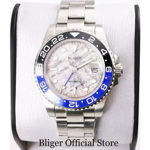 BLIGER Brand New Design High Quality Mechanical Men Wristwatch Sapphire Glass Date Window Mental Bracelet 40mm Case GMT