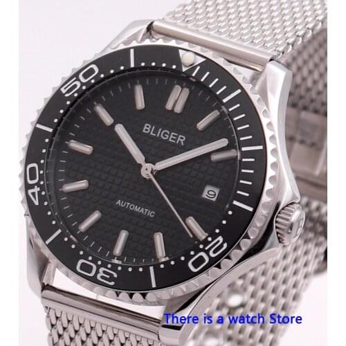 Bliger 41mm Black Dial Automatic Mechanical Mens Watch Luxury Brand Sapphire Glass Luminous Waterproof Calendar Wristwatch Men