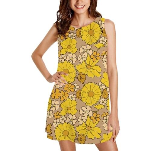 CLOOCL Women Summer Boho Beach Dress Yellow Flower 3D Printed Vintage Loose Dress Sexy Mini Short Club Party Dress