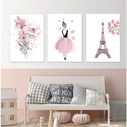 Pictures for Girl Kids Room Decoration Home Decor Watercolor Pink Princess Paintings Canvas Flowers Wall Art Pairs Poster Nordic