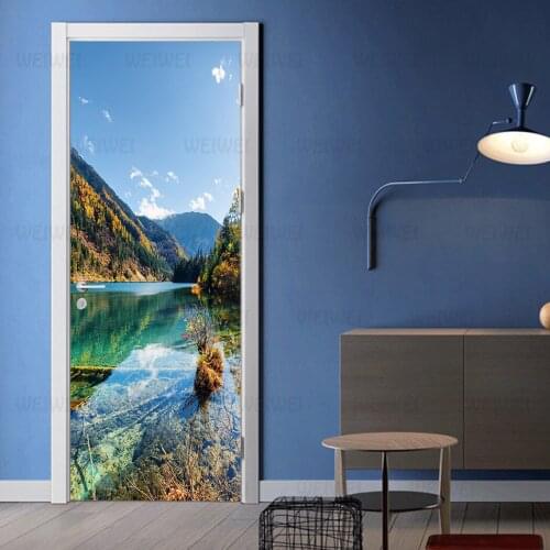 Beautiful Scenery and Beautiful Home Decoration Door Stickers Mountain and Lake Living Room Door Decals Bedroom PVC 2 Pieces Set
