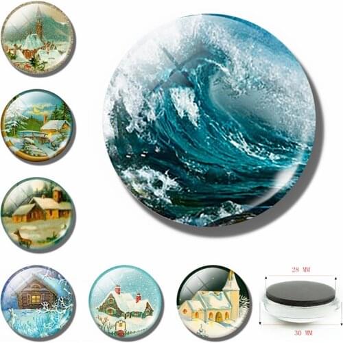 Ocean Wave Fridge Magnets Beautiful Forest Snow Scene 30 MM Glass Dome Magnetic Refrigerator Stickers Note Holder Home Decor