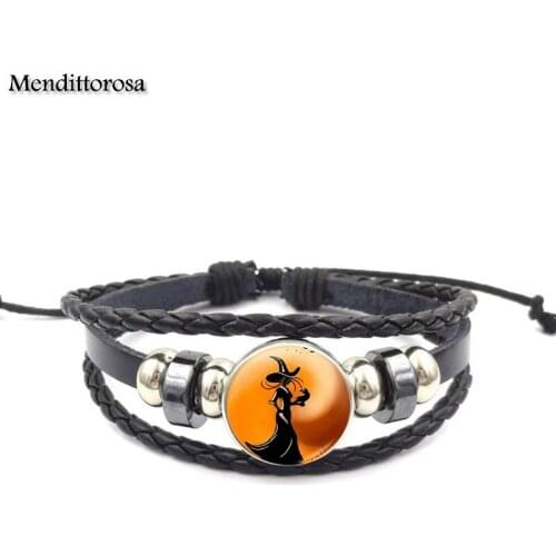 Mendittorosa Brand Lover Black Leather Bracelet Bangle Glass Jewelry Gift Footprint ValentineS Day Gift Witch