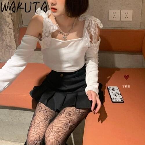 WAKUTA Sweet Cool Cropped T-shirt Women Sexy Off Shoulder Lace Bow Knot Short Tee Shirt Korean Fashion Knitted Short Tops White