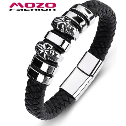 Fashion Classic Men Bracelet Black Leather Skeleton Stainless Steel Magnet Buckle Bracelet High Quality Man Jewelry PS2101