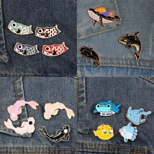 Cartoon Fish Brooches Collection Fish Koi Flag Bag Clothes Decorative Jewelry Goldfish Shark Whale Brooch Lapel Enamel Pin Badge