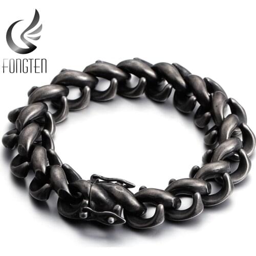 Fongten Retro Black Cuff Bracelet Men Stainless Steel Wide Viking Mens Bracelets Bangle Fashion Jewelry