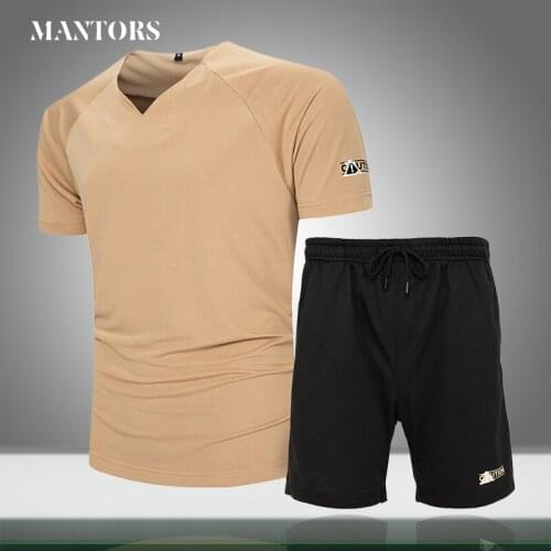 2021 Mens New Sets Solid Color T-shirt+Shorts Suit Summer Men Casual Tracksuit V-Neck High-quality Running Sports Suit Slim Fit