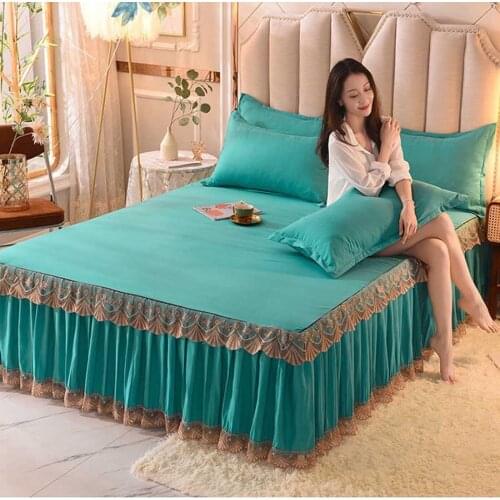 WOSTAR 3pc solid Lace Bed Skirt Elastic Fitted Sheet Mattress Cover king size bed sheet and pillowcase bedspread home textiles