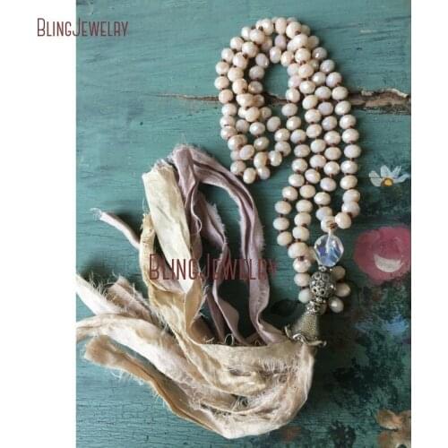 Boho Glam Shabby BoHo Necklace Neutral Sari Silk Tassel Necklace Knoting Crystals Beads Necklace handmade Jewelry NM18286