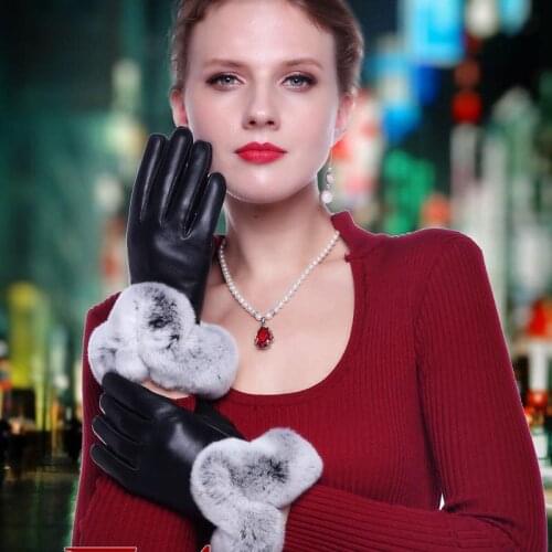 Women thickening Winter Gloves Fashion Warm Thicken Elegant PU Leather High quality Faux Fur Wrist Warm Womens Leather Gloves