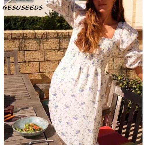 Summer Midi Dress White Elegant Dresses Women Party Floral Dress Square Neck Lantern Sleeve Dresses Elastic Waist Dress Ruffle