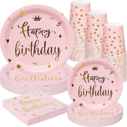 Stamping Gold Happy Birthday Tableware Girls Favor Pink Plate Sweet Birthday Party Decor Birthday Theme Supplies BestGiftForGirl