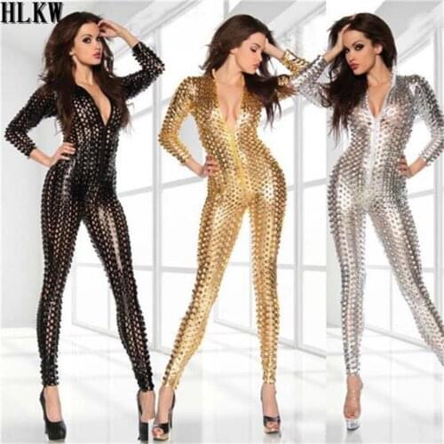Lady Sexy black PVC Hollow Out Faux Leather Latex Zentai Catsuit Wetlook Jumpsuit Erotic Lingerie PU Bodysuit Club wear overalls