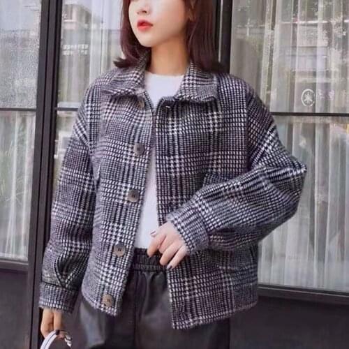 Blended Woolen Womens Coat Winter Jackets Lapel Single-Breasted Imitation Mink Velvet Ladies lattice Short Coats Outwear K348