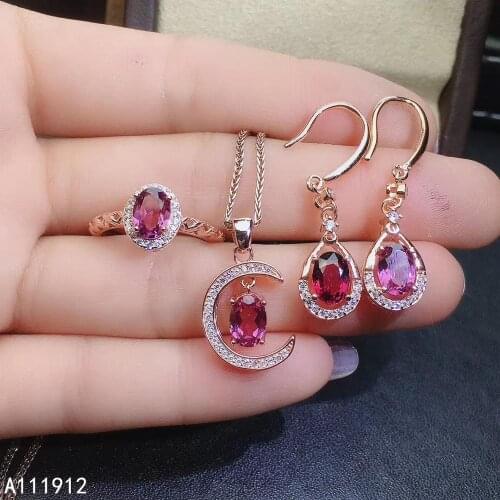 KJJEAXCMY fine jewelry natural garnet 925 sterling silver women pendant necklace chain ring earrings set support test lovely