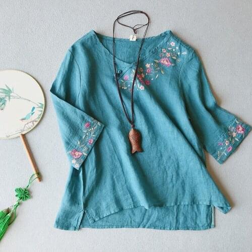 Women T shirt Ramie V neck Three Quarter Sleeve Button Vintage Thin Fashion Female Tops YoYiKamomo