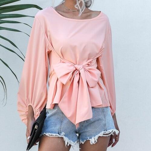 Womens Spring Loose Bow Tie Lantern Sleeve Tops Women Clothing 2021 New Fashion E Girl Pink Casual T-Shirt Japanese Streetwear