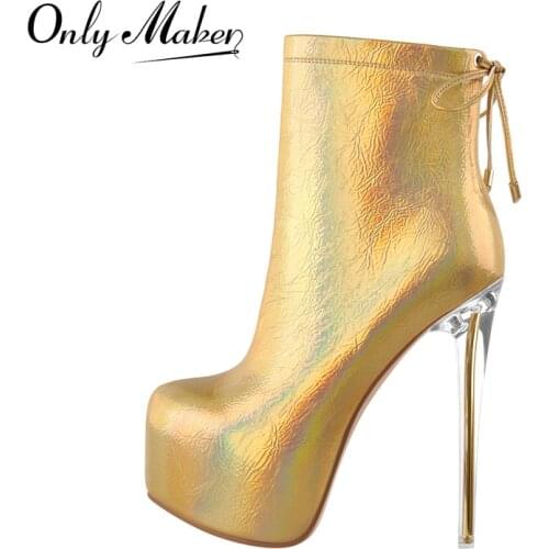Onlymaker Womens Winter Platform Ankle Boots Gold Silver Patent Leather Lace-Up Clear Metal High Heel Booties Side Zipper