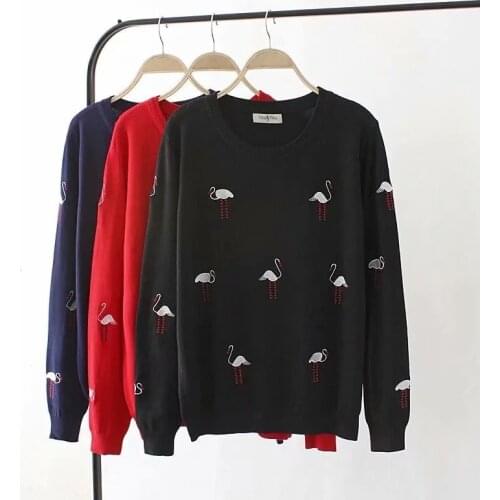 Plus size Elastic pullovers knitting Autumn animal Embroidered women sweaters 2018 long sleeve O-Neck ladies fashion pull femme