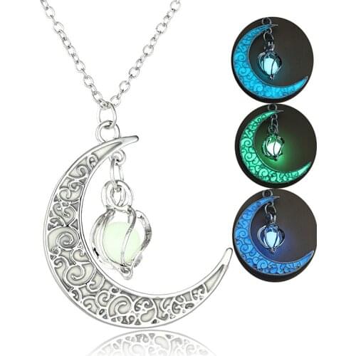 1PC Halloween Women Moon Glowing Necklace Silver Plated Hollow Luminous Stone Pendant Necklace Halloween Pendant Gift