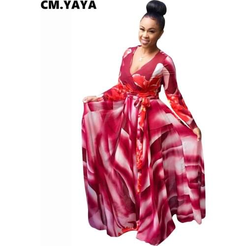 CM.YAYA Full Sleeve Plus Size L-5XL Print Bud Maxi Dress Women Empire V-neck Sashes Floor-length Elegant Lady Dresses Fashion