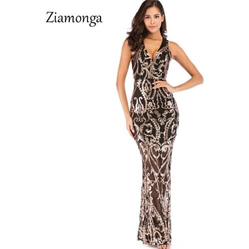 Ziamonga Evening Long Dress Sparkle 2019 V-Neck Women Elegant Dresses Sequin Mermaid Maxi Evening Party Gown Dress Sexy Vestidos