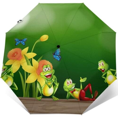 Sunny Umbrella Four Frogs Standing Wooden Log Automatic folding portable women umbrella Sunscreen rain Windproof beach parasol