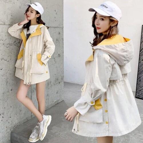 2021 New Trendy Hooded Windbreaker Spring Autumn Women Color Matching Jacket Female Student Loose Trench Coat Off White