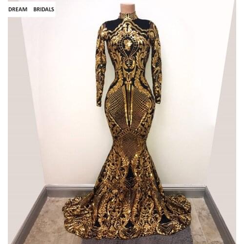 African Hot Customized Sequined Fabric Formal Evening Party Dresses Mermaid Muslim Long Sleeves Dubai Robe De Soiree