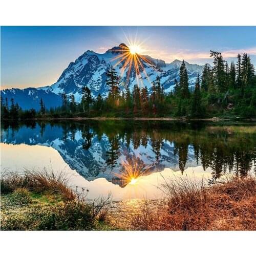 Diamond Painting Natural Scenery Sunset Lake Mountain Reflection Full Square Round Rhinestone Of Picture Mosaic StickersZP-4069