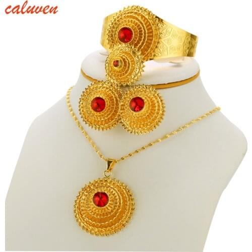 Dubai Jewelry Set For Women Ethiopian Pendant Necklace/Bangle/Earrings/Ring Gold Color African Eritrea Girl Bridal Wedding Gift