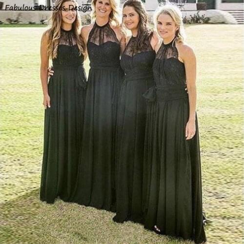 Elegant Black Halter Bridesmaid Dresses 2021 Applique Lace Long A Line Chiffon Wedding Party Dress Vestido De Fiesta De Boda