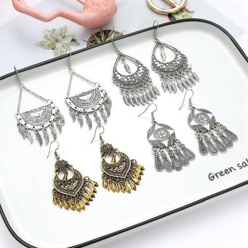 Ethnic Silver Color Carved Indian Jhumka Earrings Kolczyki Womens Vintage Tassel Earing Boucles d oreille Femme