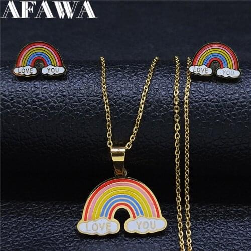 Cut Enamel Stainless Steel Rainbow Necklaces Earrings Sets for Women Gold Color Jewelry Kid Set Jewelry bijoux enfant S9501S01
