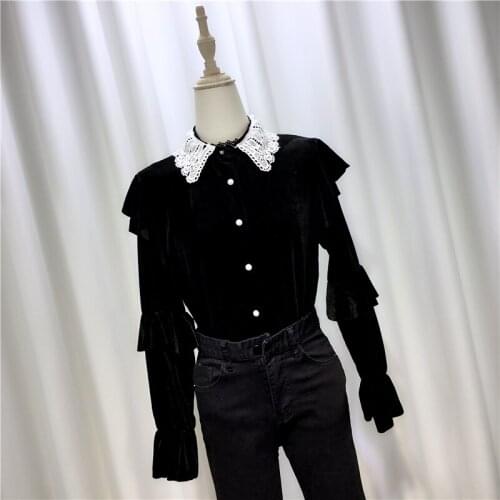 Lace Velvet Patchwork Black Women Shirts Spring New Design Slim Elegant Office Lady Outwear Tops