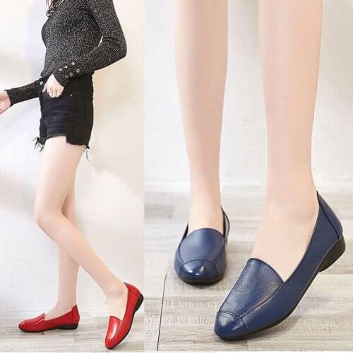 LIHUAMAO Cow leather square heel women shoes slip on round toe party office lady work shoes comfortable casual