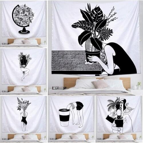 Minimalist Artistic Creative Line Draw Tapestry Abstract Sketch Art Black White Drawing Tapestries Wall Hangings for Living Room