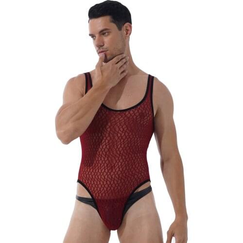 Mens See-through Mesh Slim Jumpsuit Underwear Round Neck Sleeveless High Cut Skinny Leotard Bodysuit Athletic Wrestling Singlet