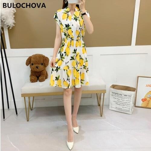 BULOCHOVA Women V Neck Short Sleeve Holiday Knee Length Dress 2021 New Summer Elastic Waist Chiffon Print Floral Vestidos Femme