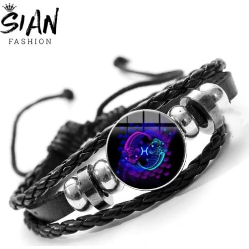 SIAN Brand 12 Constellation Zodiac Sign Bracelet Leo Sagittarius Capricorn Black Braided Leather Bracelets Cabochon Punk Jewelry