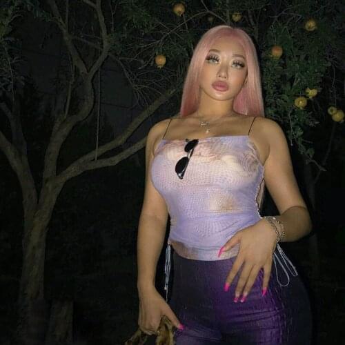 Retro Y2K Little Angel Light Purple Mesh Print Splicing Side Drawstring Slim Camisole